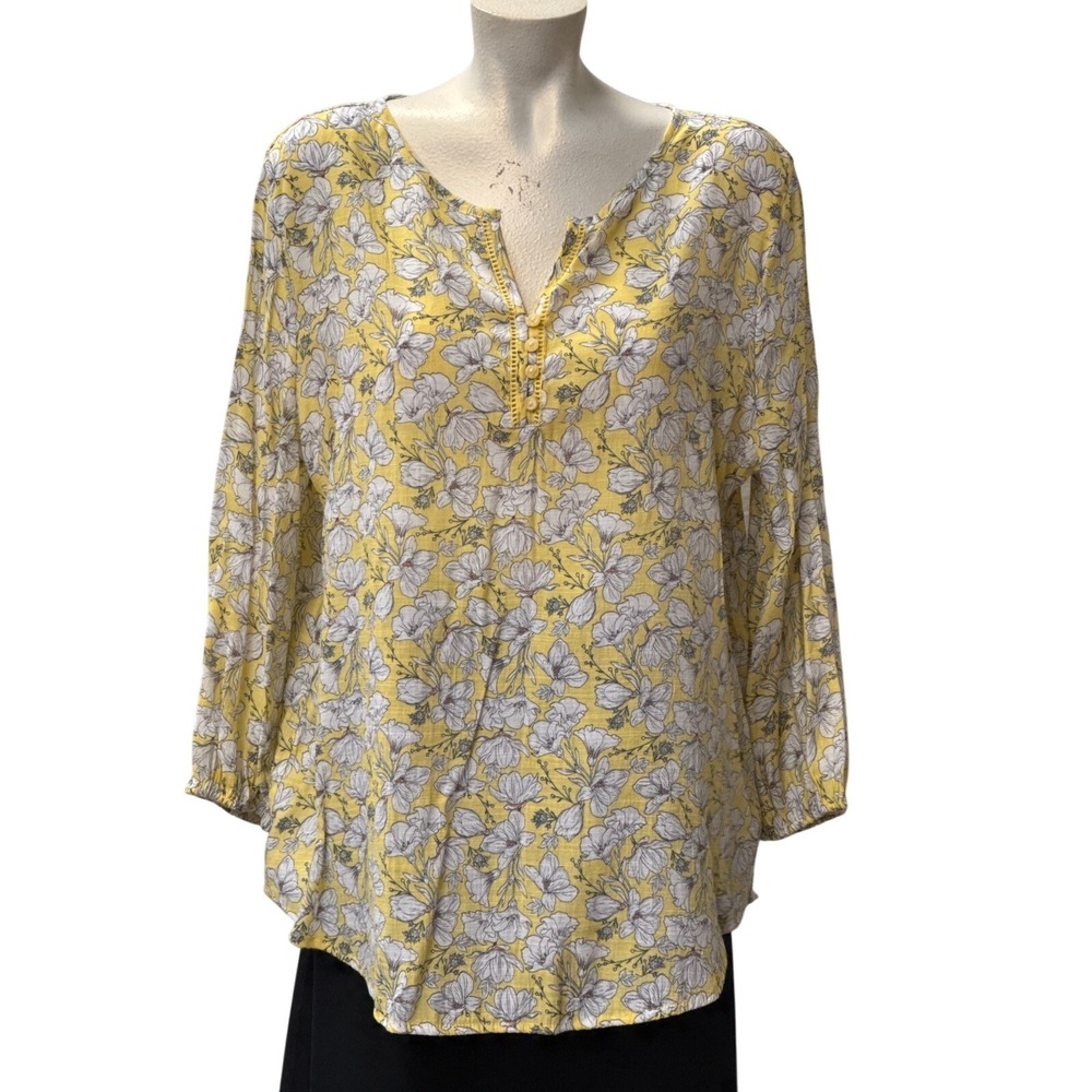 Liz Claiborne XLFloral Blouse Yellow White 3/4‎ Sleeve Button Up Lightweight Top